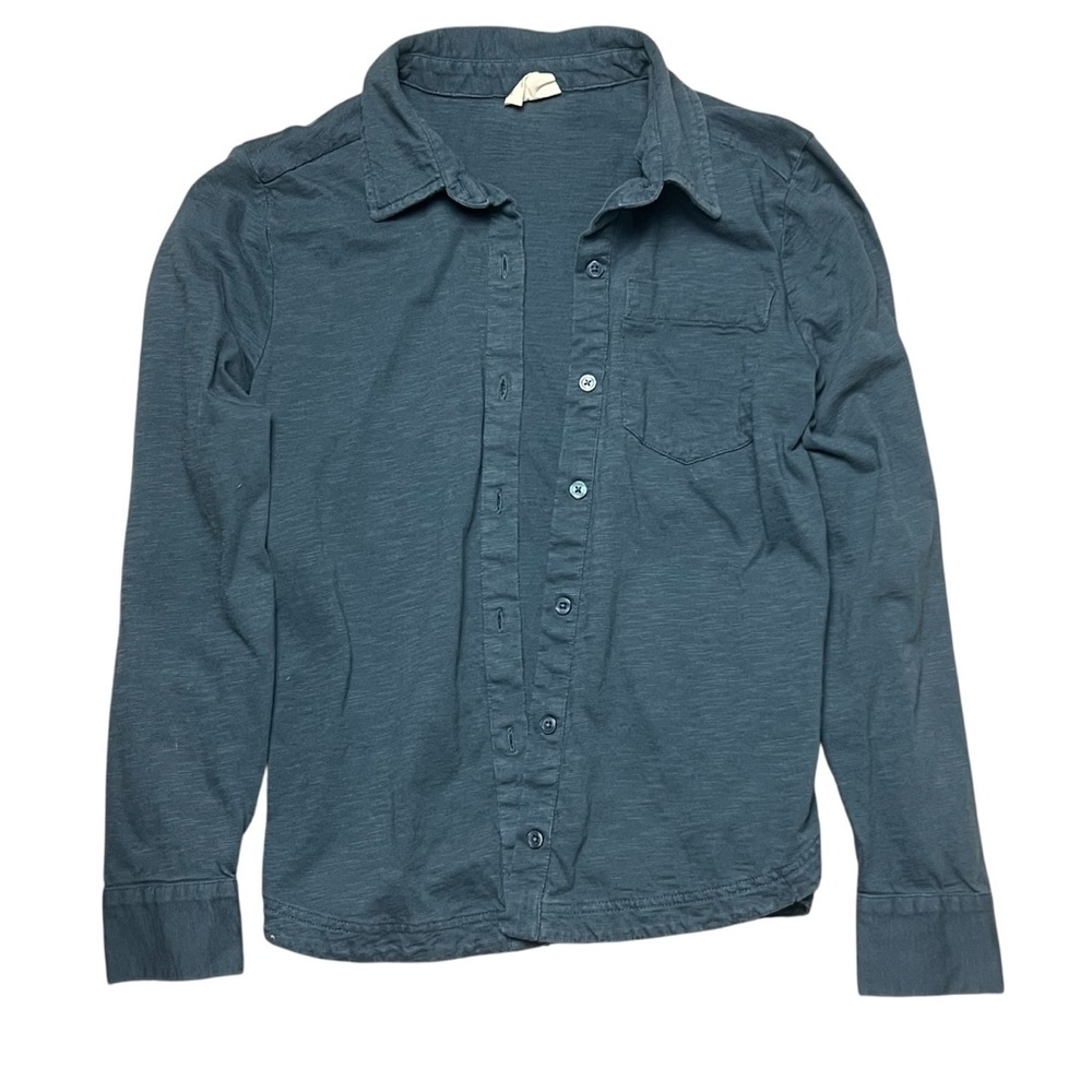 Pact Women’s Organic Cotton Button Front Shirt Blue Long Sleeve Pocket Top